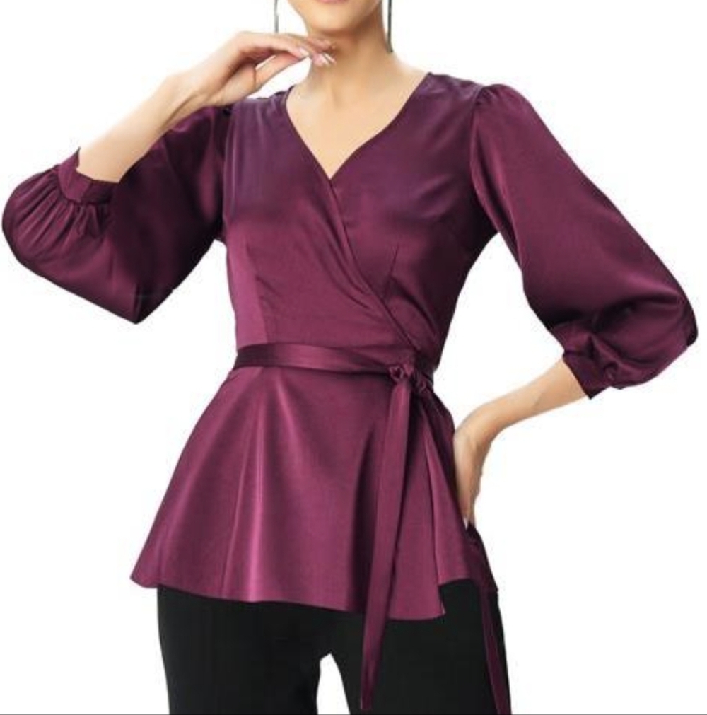 eShakti Zapelle Deep Purple Satin Wrap Blouse